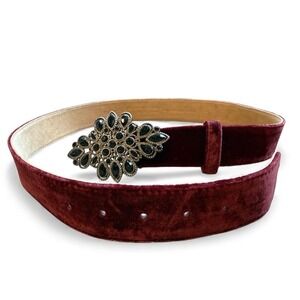 Chico's Burgundy Velvet Belt Jeweled Filigree Buckle Black Stones Leather Back M